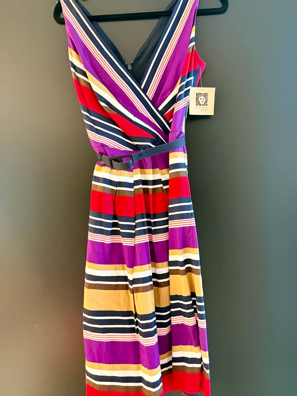 Striped V-Neck Belted Maxi Dress - Purple / Red